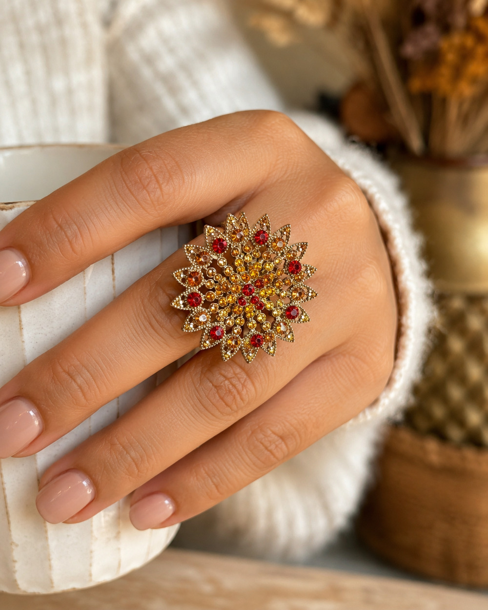 Gold Tone Rhinestone Sunburst Stretch Ring Red Amber Crystal Statement Ring 8/9
